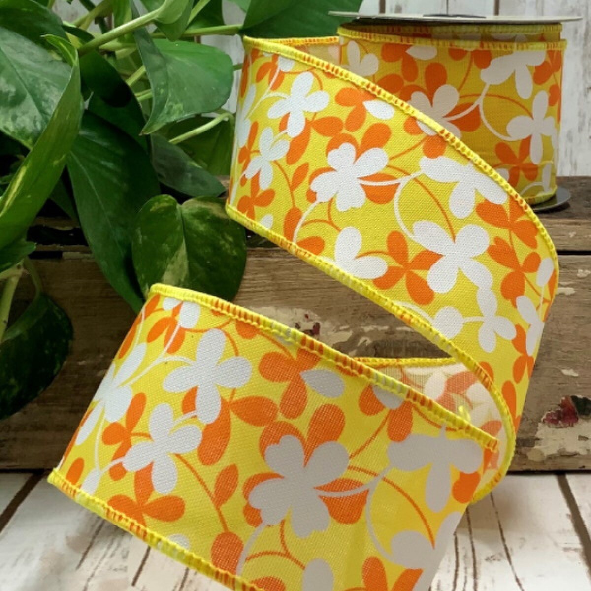 Floral Yellow Linen Ribbon 2.5 Inch x 10 Yards