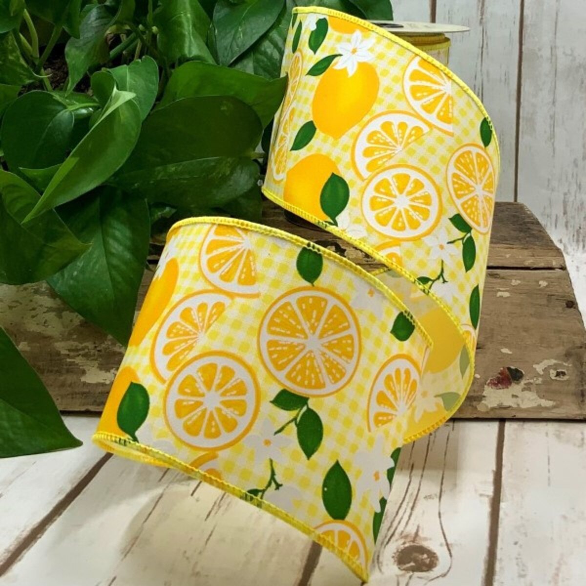 Linen Check Ribbon Lemon Yellow White 4 Inch x 10 Yards
