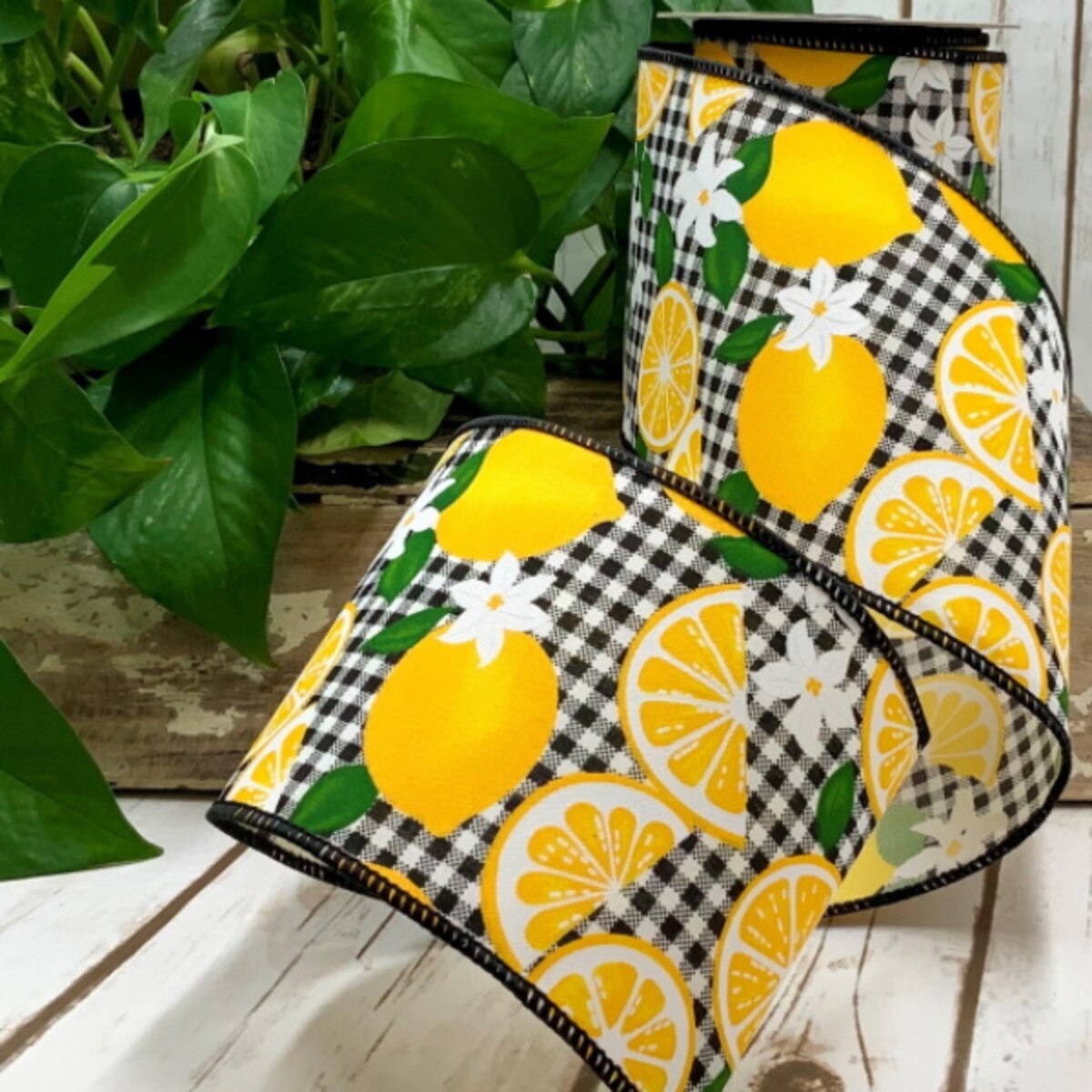 Linen Check Ribbon in Lemon Black White 4 Inch x 10 Yards