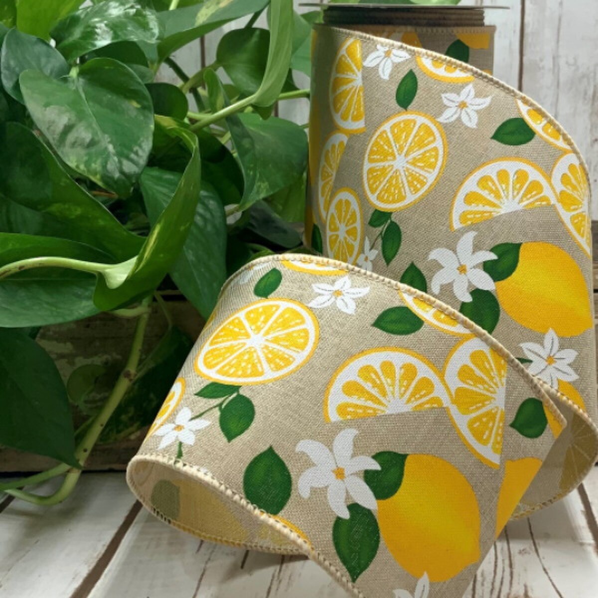 Linen Ribbon Lemon 4 Inch x 10 Yards