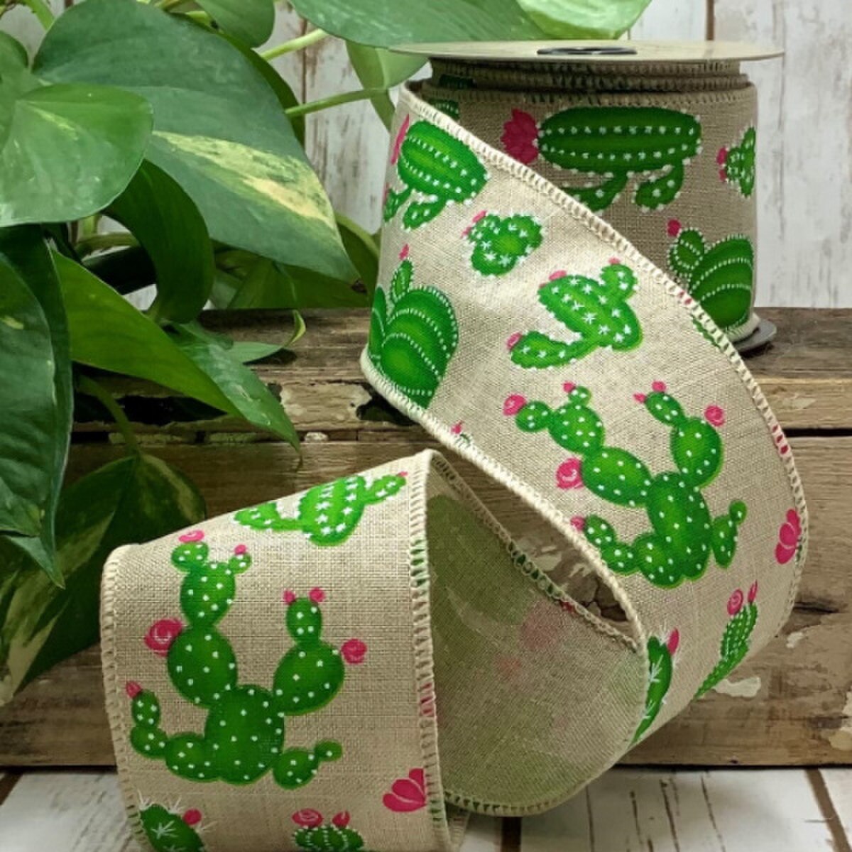 Linen Ribbon with Cactus Pink Flower 2.5" x 10 Yds