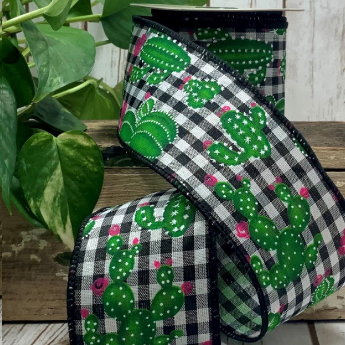 Linen Check Ribbon Black White Cactus Pink Flower 2.5" x 10 Yds