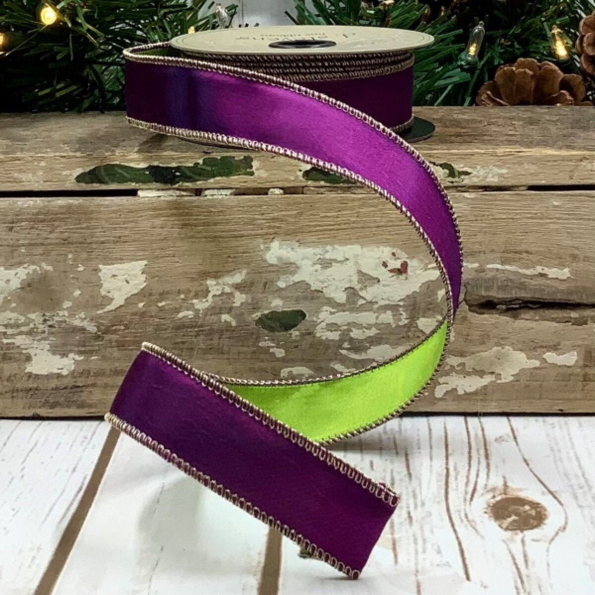 Apple Green Purple Taffeta Ribbon 1 Inch x 10 Yards