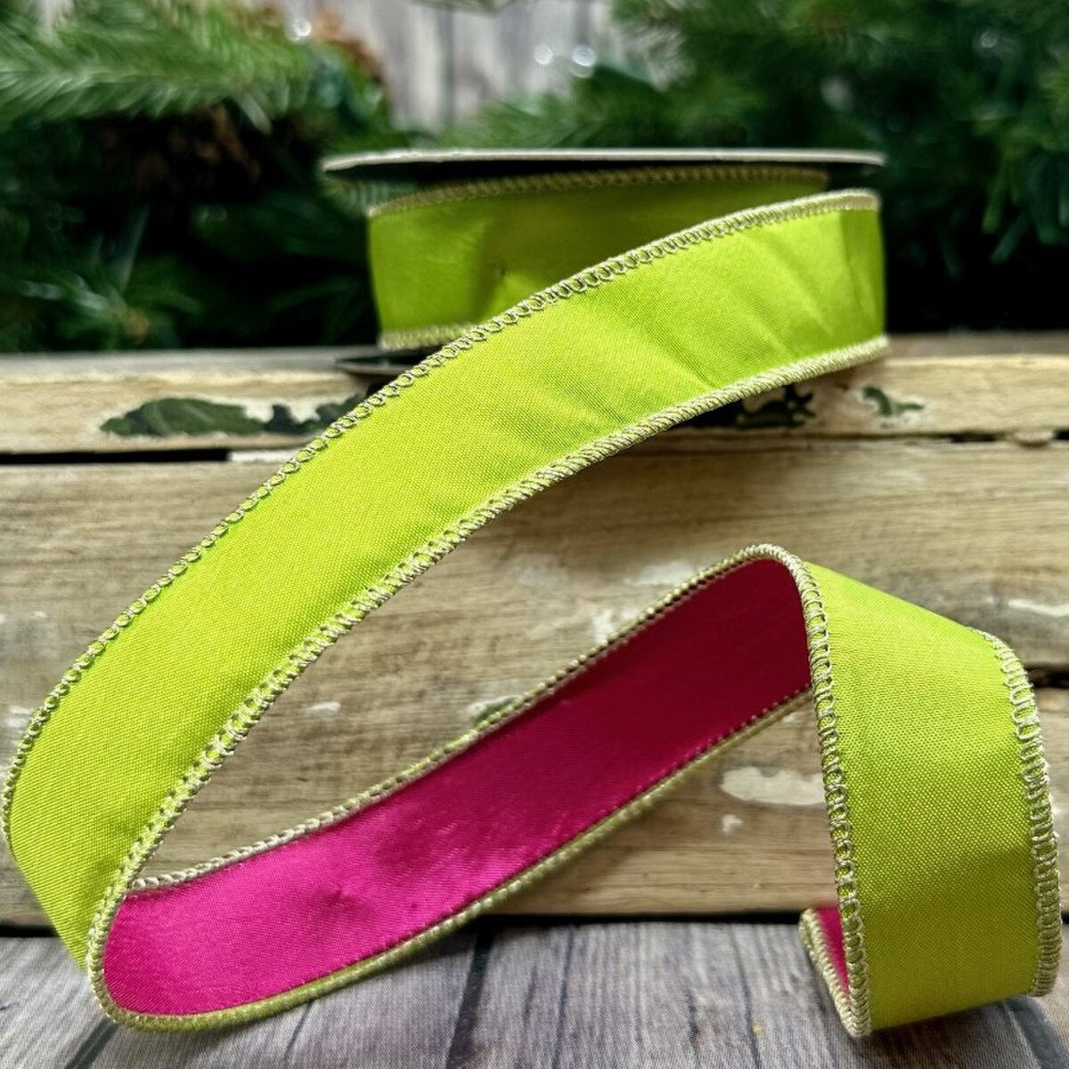 Hot Pink Apple Green Taffeta Ribbon 1 Inch x 10 Yards