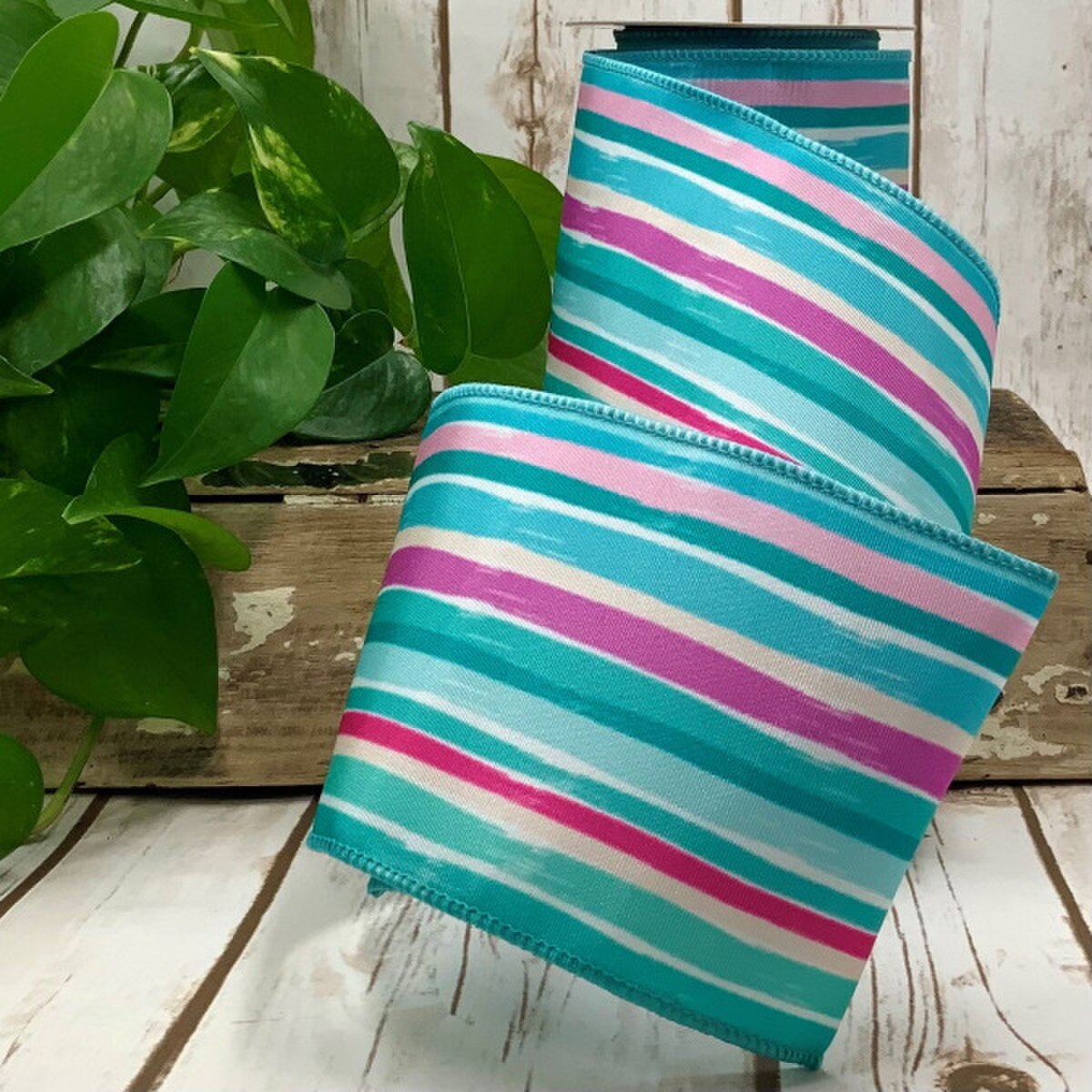 Grosgrain Ribbon White with Watercolor Colorful Stripes 4" x 10 Yds