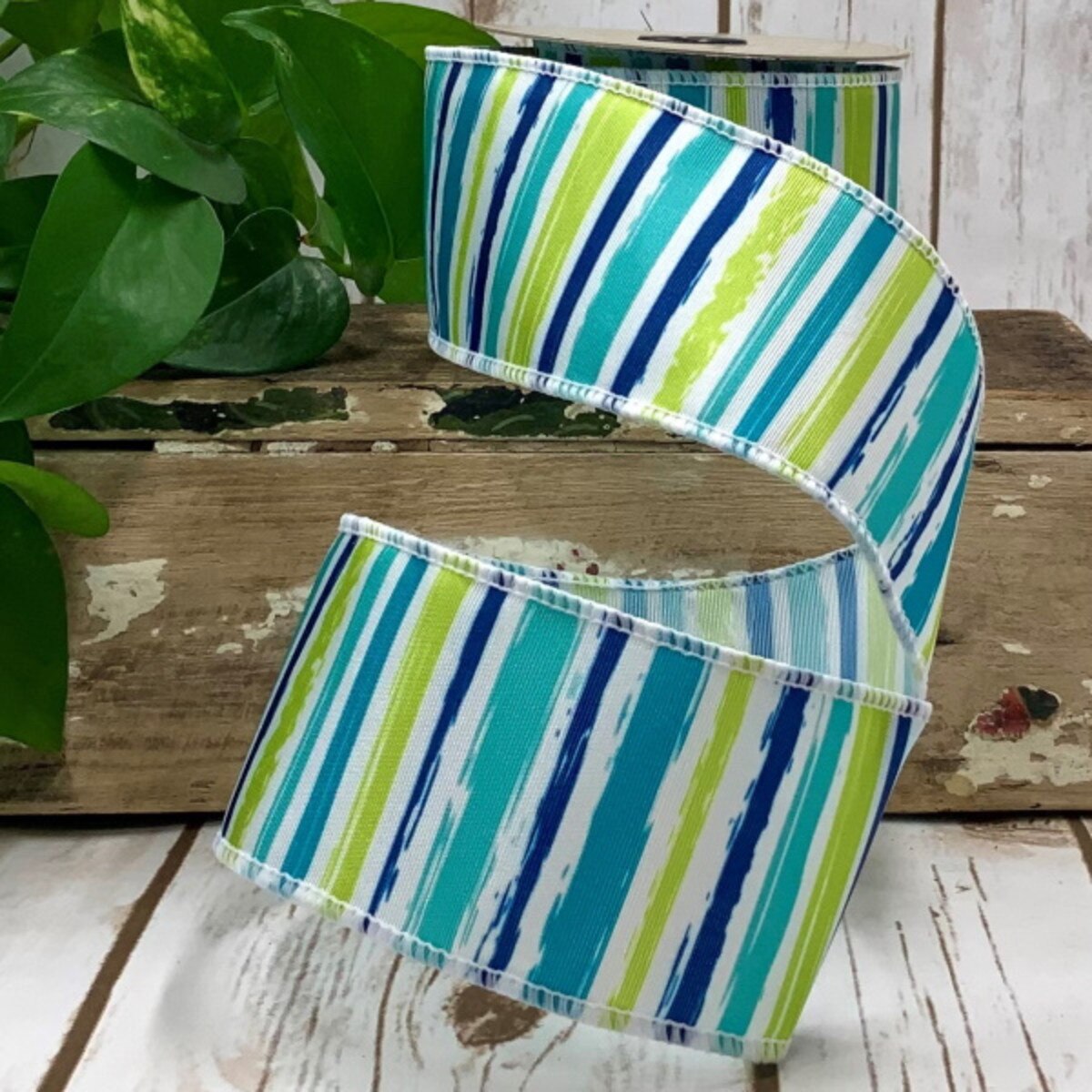 Blue Green Watercolor Stripes Grosgrain Ribbon 2.5" x 10 Yds