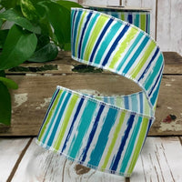 Blue Green Watercolor Stripes Grosgrain Ribbon 2.5