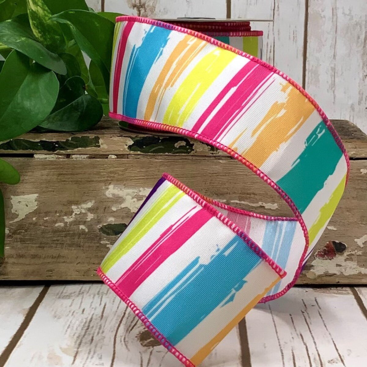 Grosgrain Ribbon White with Purple Pink Watercolor Stripes 2.5" x 10 Yds
