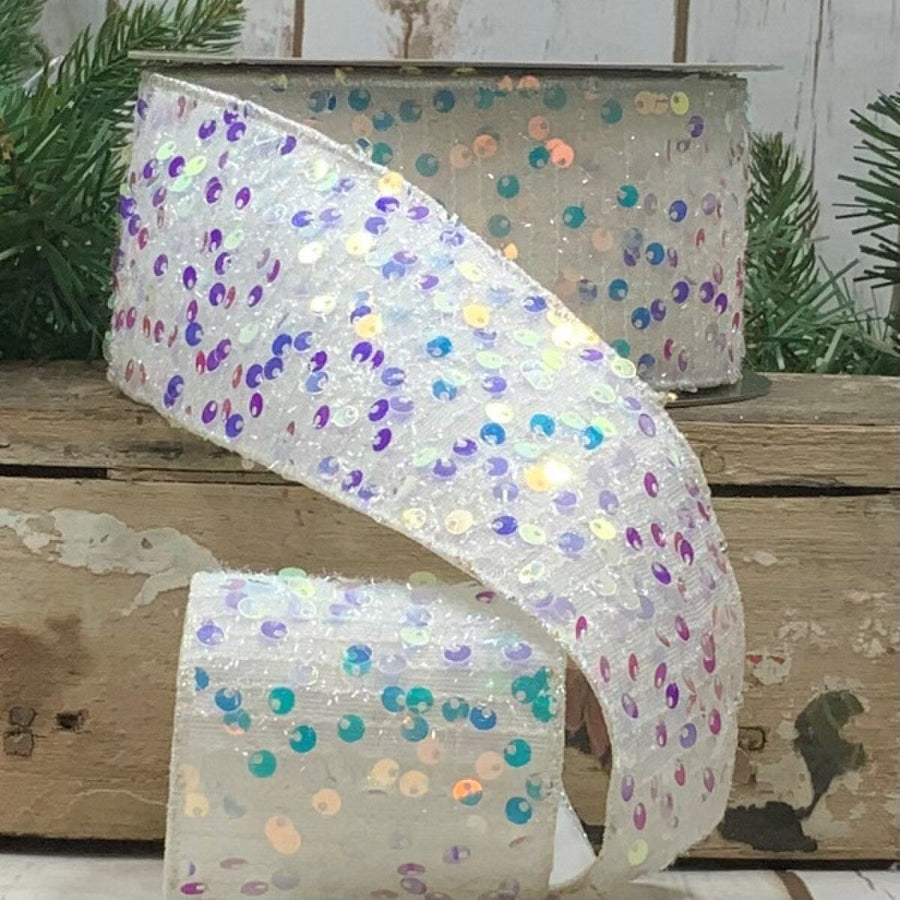 Sequin Tinsel White Ribbon 2.5 Inch x 10 Yards