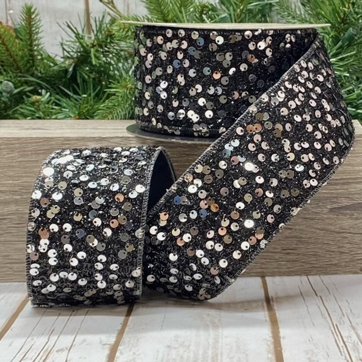 Black Silver Sequin Tinsel Ribbon 2.5" x 10 Yds