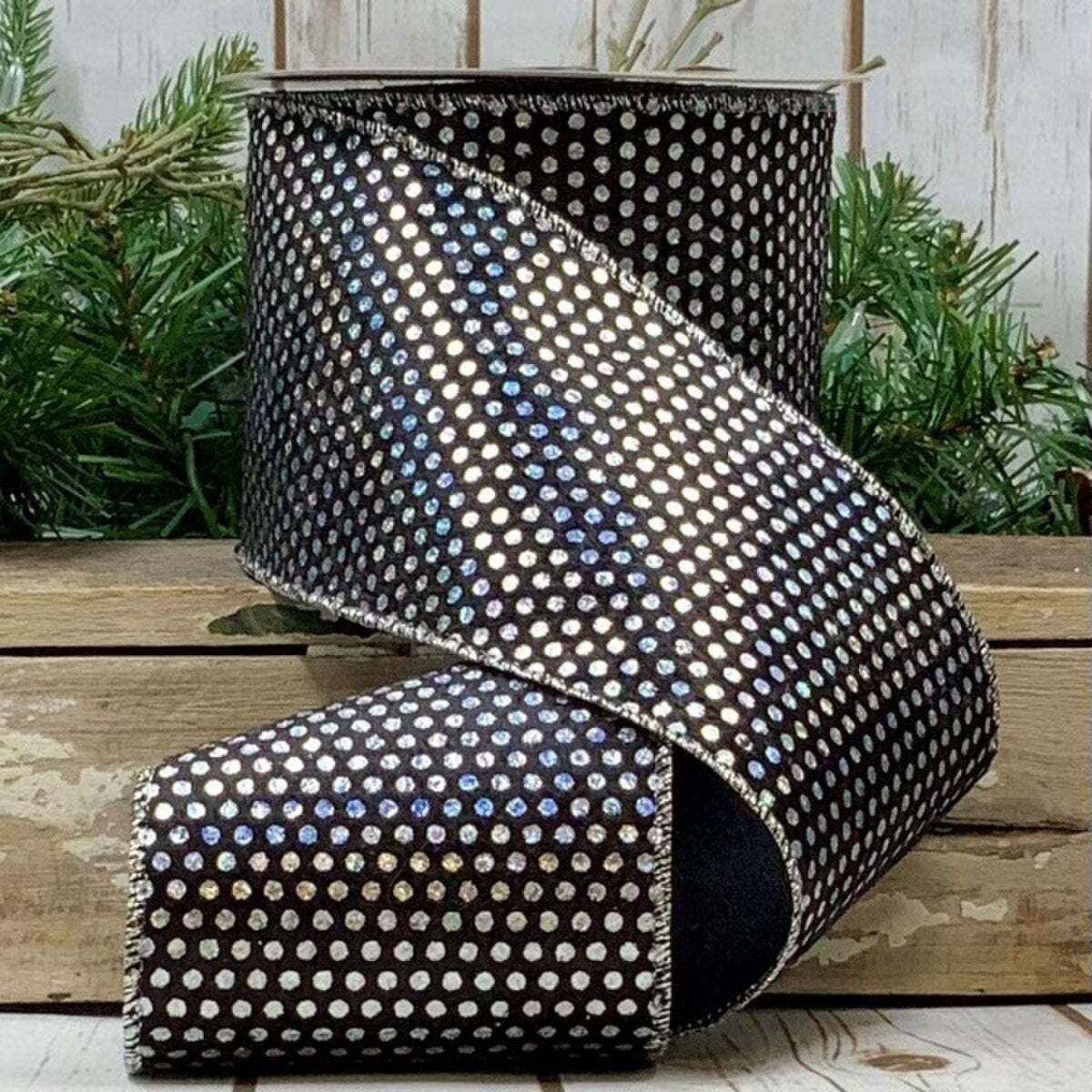 Silver Black Ribbon with Plush Metallic Dots 4" x 10 Yds