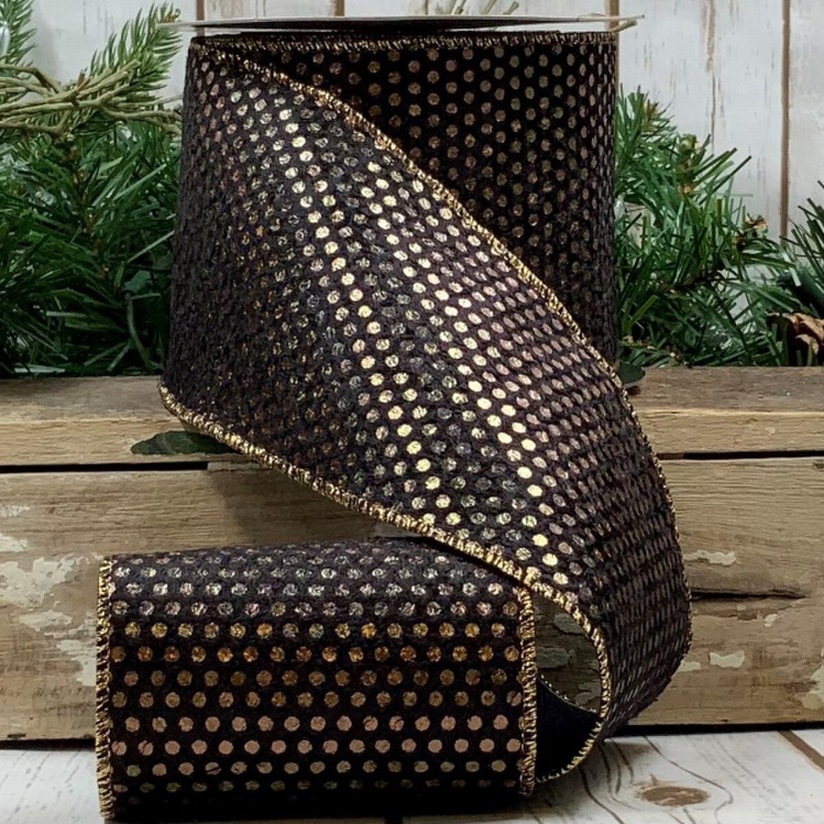 Bronze Black Ribbon with Plush Metallic Dots 4" x 10 Yds