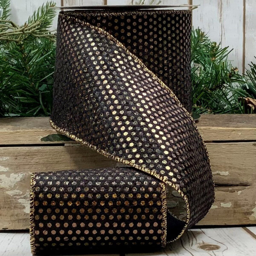 Bronze Black Ribbon with Plush Metallic Dots 4" x 10 Yds