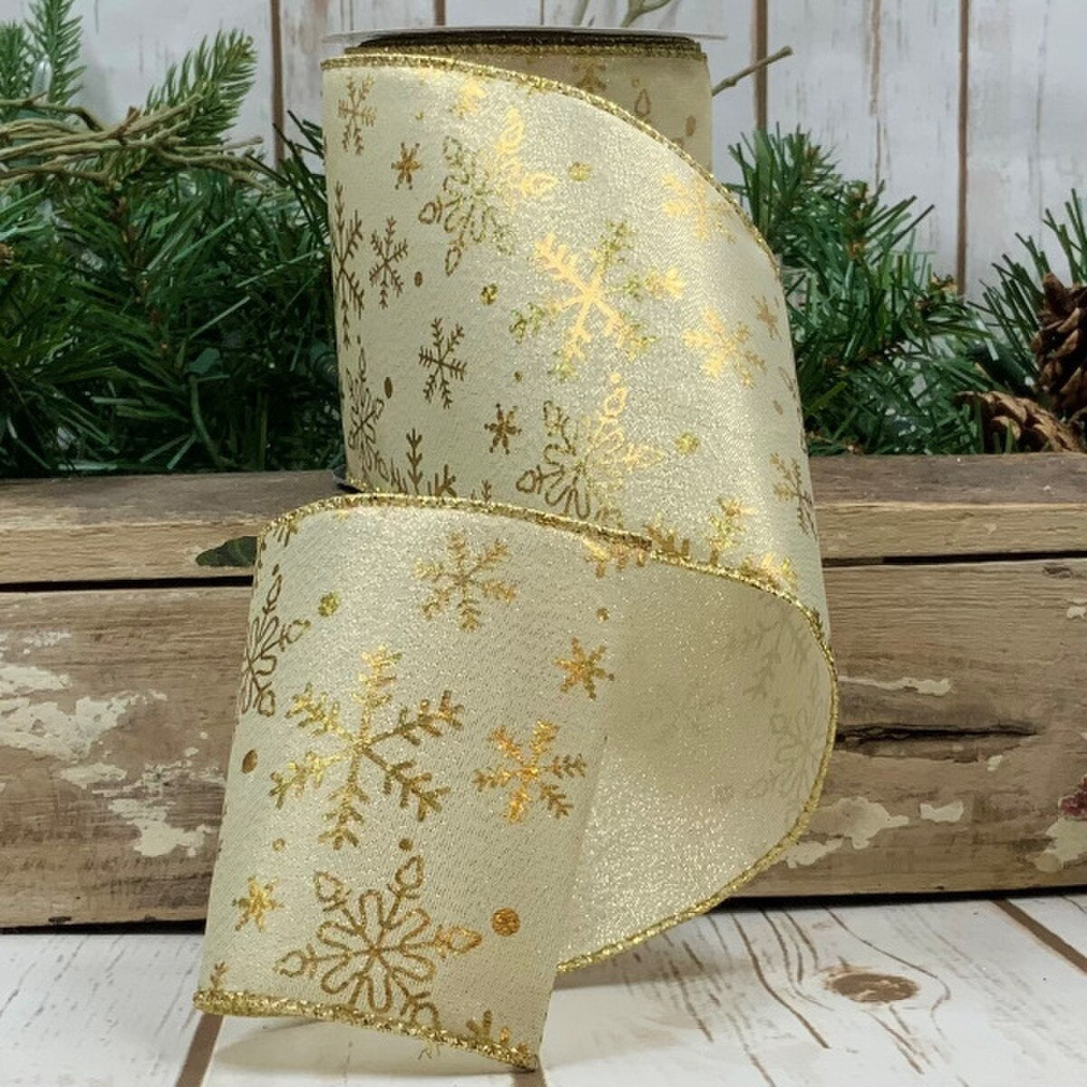 Gold Snowflake Ivory Ribbon 4 Inch x 10 Yards