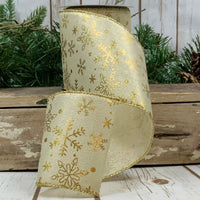 Gold Snowflake Ivory Ribbon 4 Inch x 10 Yards
