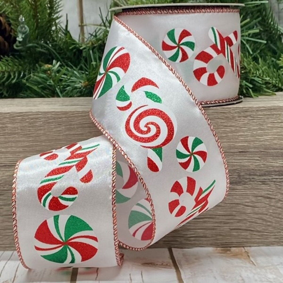 Peppermint Cane Satin Ribbon Red Green 2.5" x 10 Yds