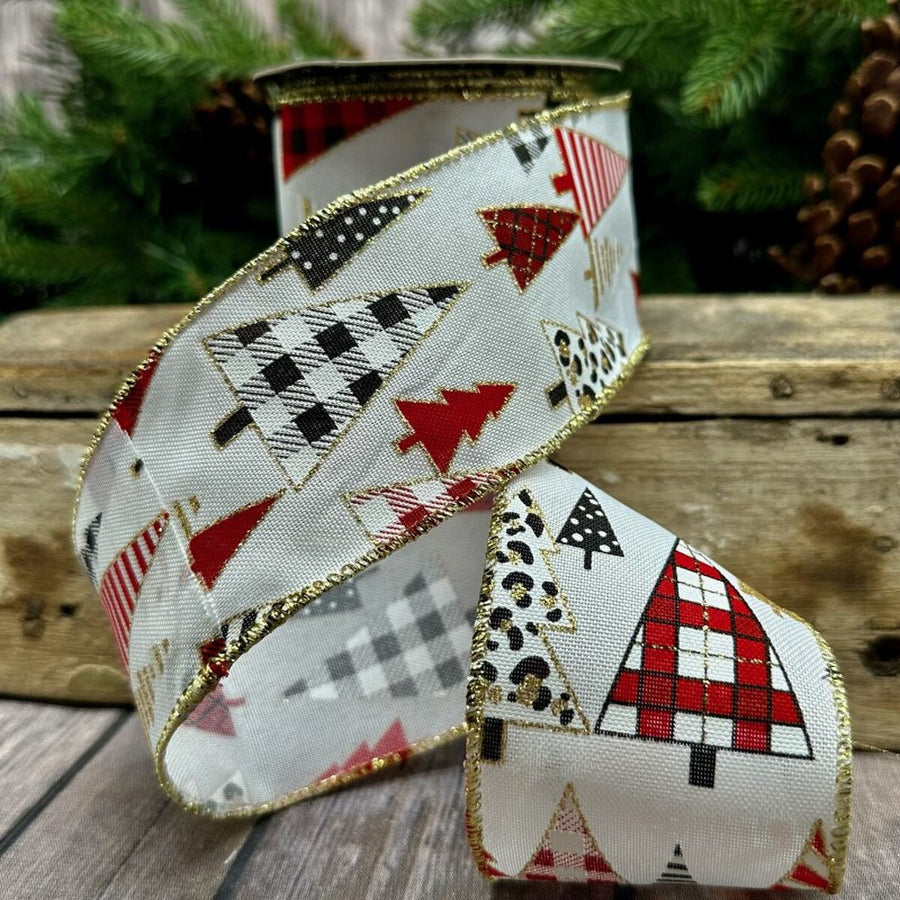 Linen Ribbon with Plaid Leopard Trees Design, 2.5" x 10 Yds