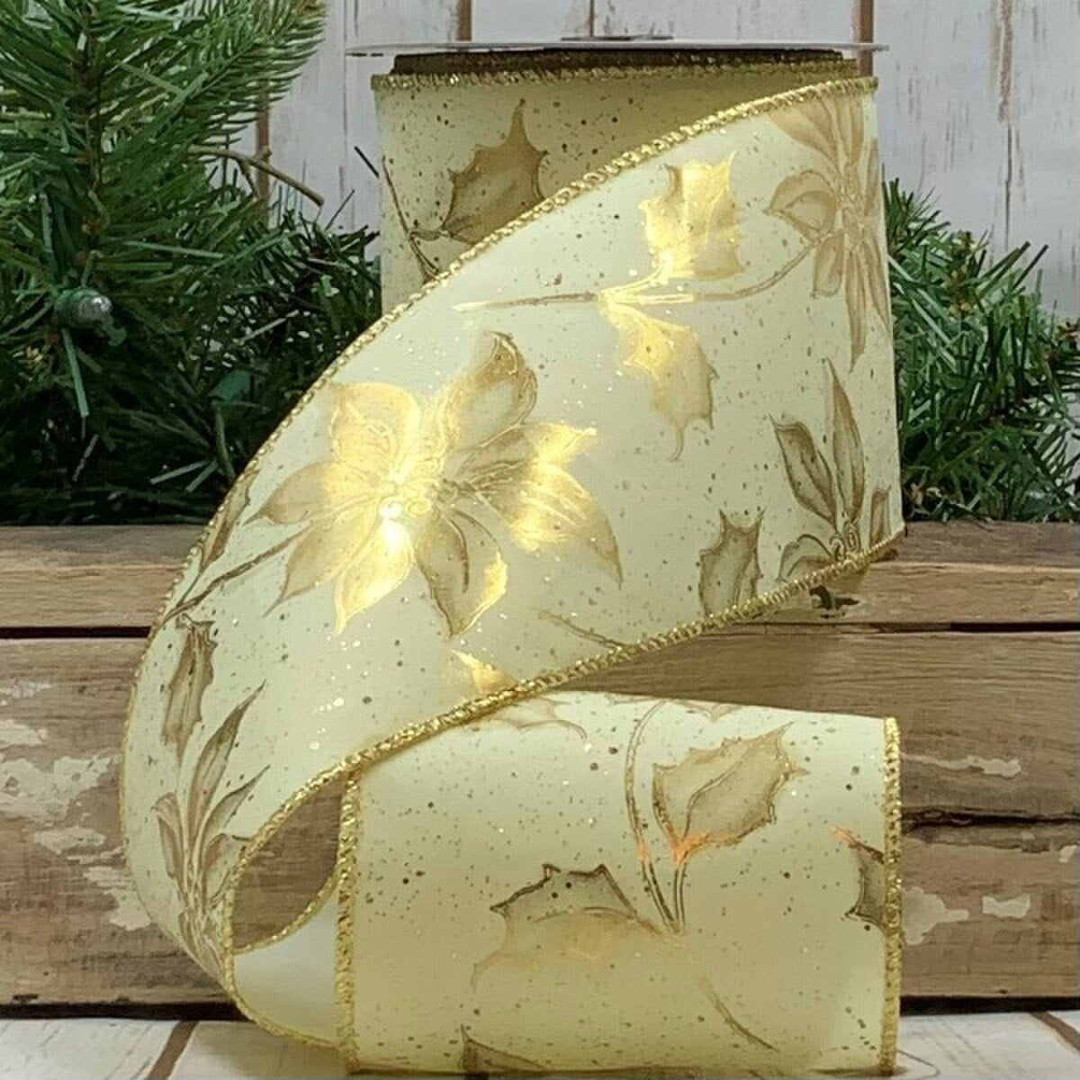 Poinsettia Ivory Ribbon with Velvet Gold Splatter 4" x 10 Yds