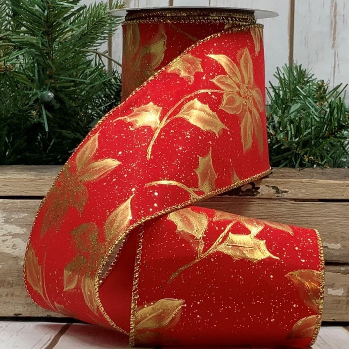 Poinsettia Red Velvet Gold Splatter Ribbon 4" x 10 Yds