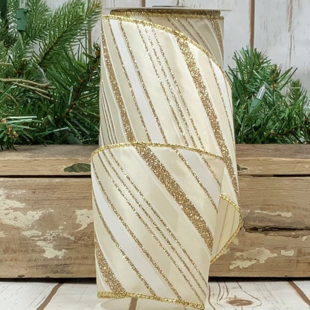 Ivory Satin Double Platinum Glitter Stripe Ribbon 4" x 10 Yds