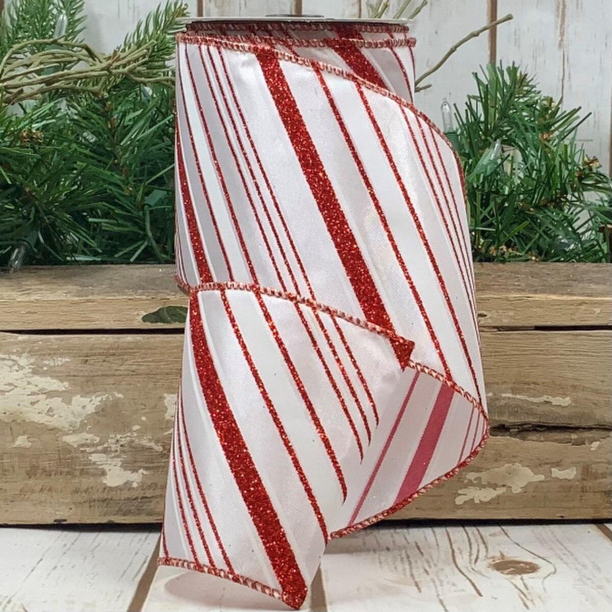 Red Glitter Stripe Satin Ribbon 4 Inch x 10 Yards