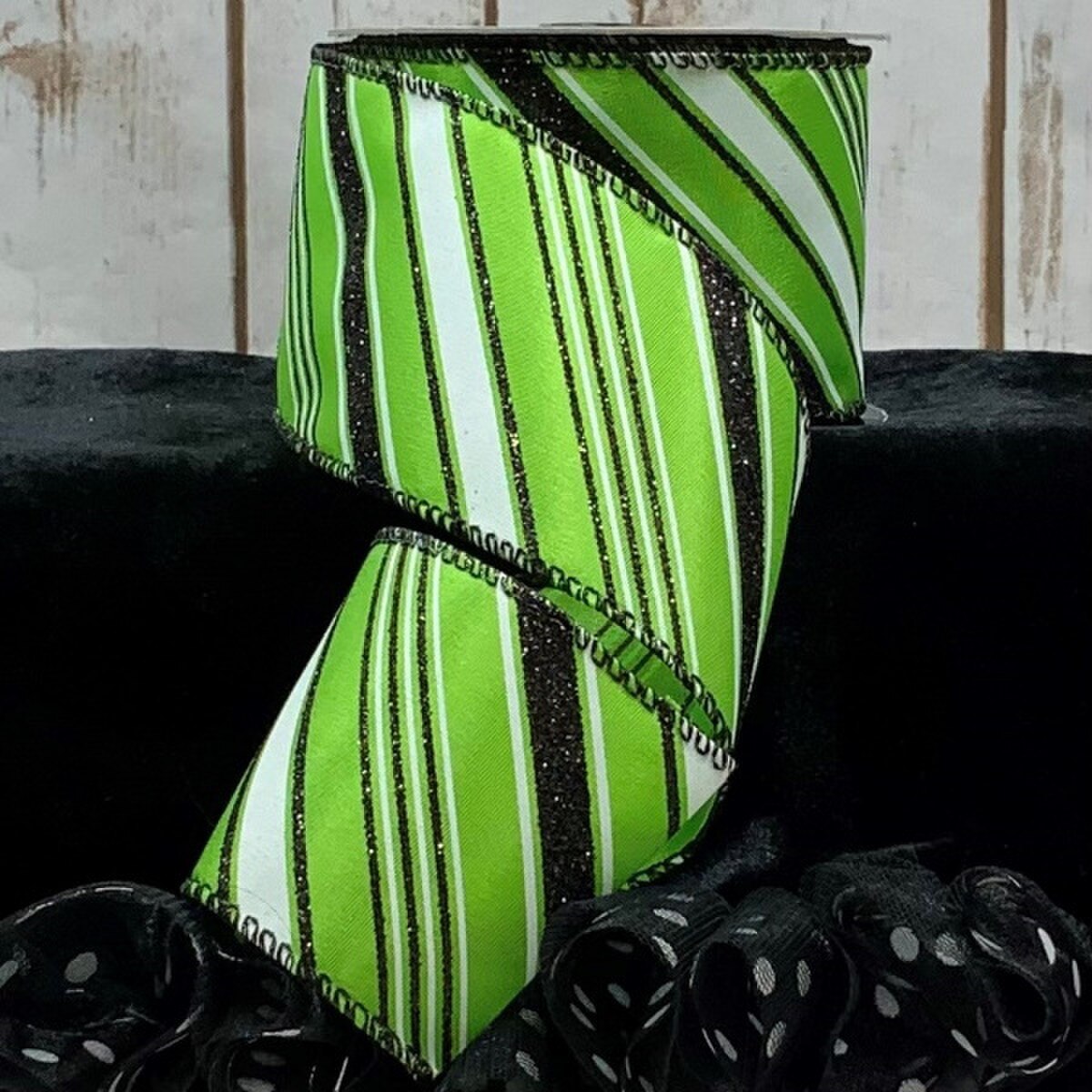 Lime Satin Ribbon with Double Black Glitter Stripe 2.5" x 10 Yds