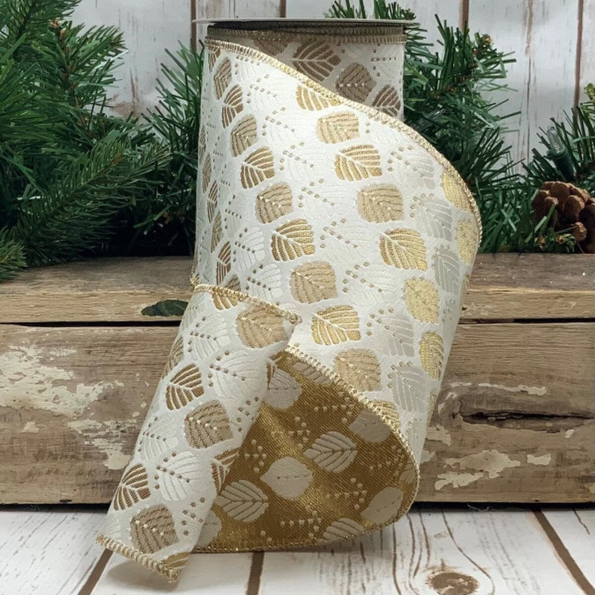 Earth Tone Leaves White Ribbon 4 Inch x 10 Yards