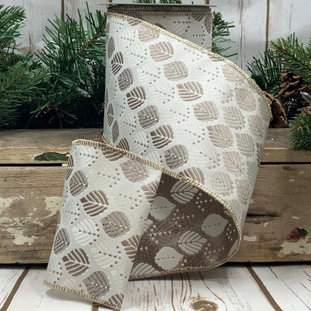 Light Grey Jacquard Ribbon with Earth Tone Leaves 4" x 10 Yds