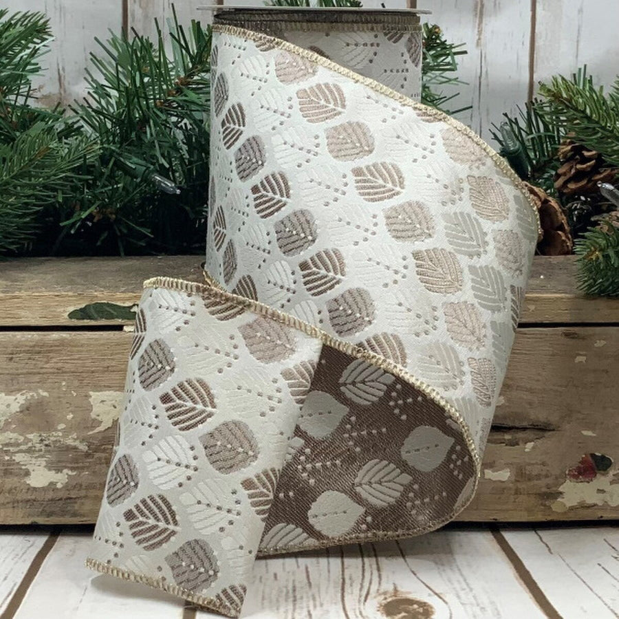 Light Grey Jacquard Ribbon with Earth Tone Leaves 4" x 10 Yds