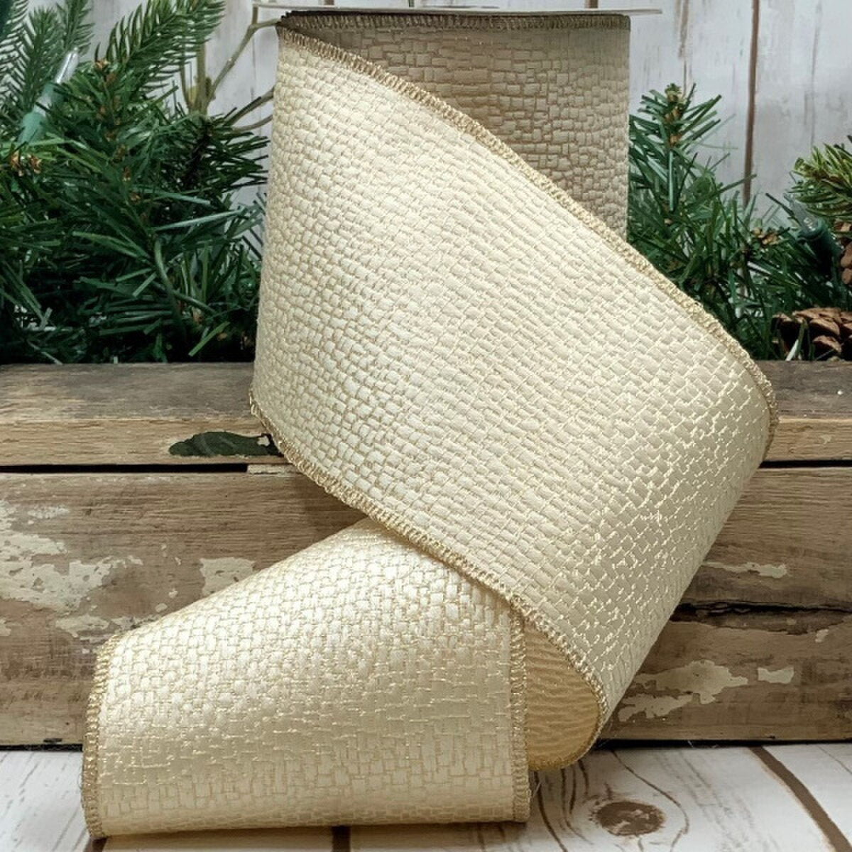 Ivory Jacquard Ribbon Small Tiles 4 Inch x 10 Yards