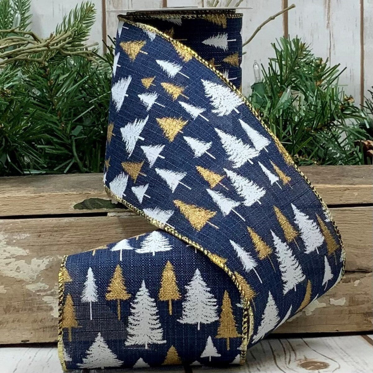 Navy Ribbon Linen Gold White Pine Tree 4 Inch x 10 Yds