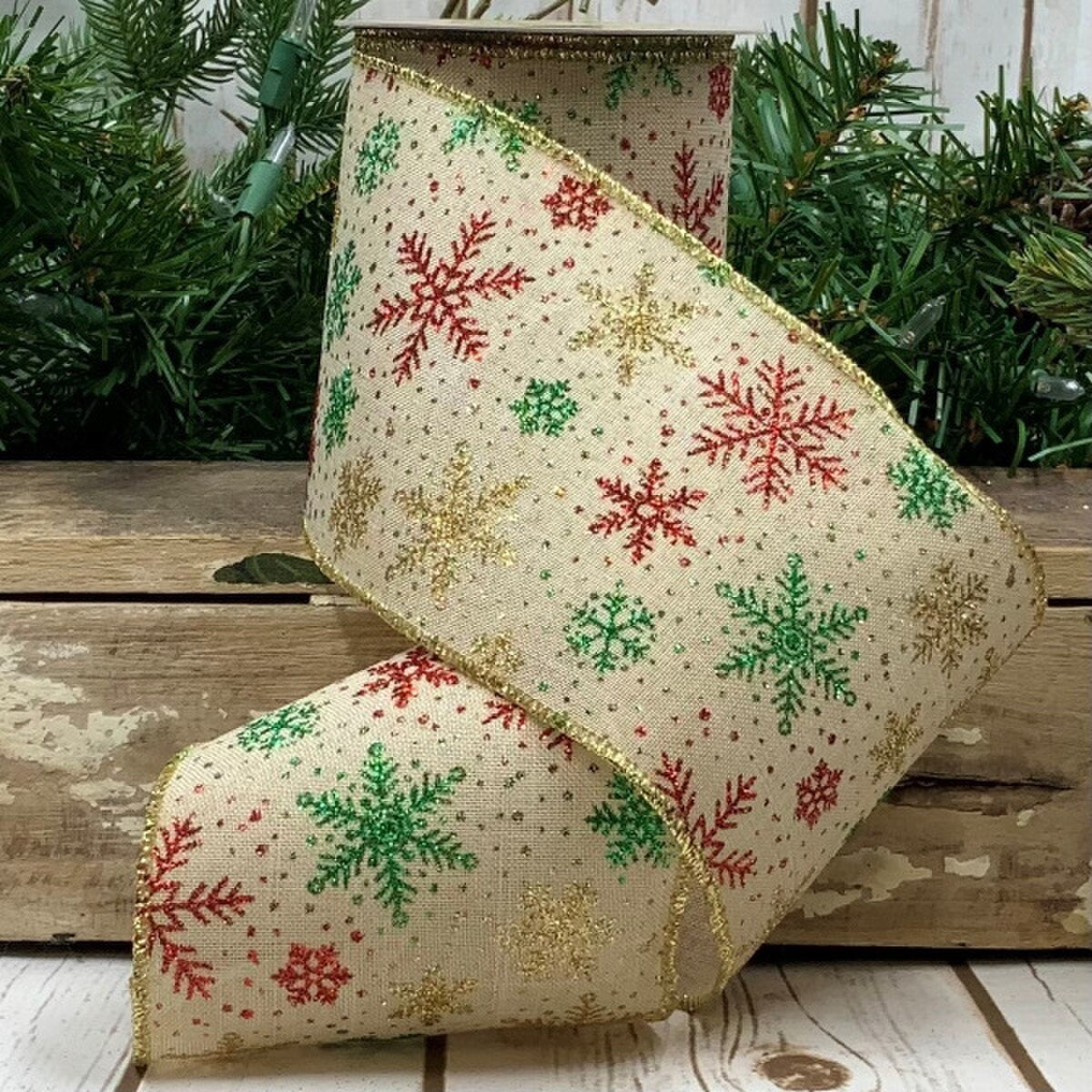 Glitter Snowflakes Linen Ribbon Red Green Gold 4" x 10 Yds