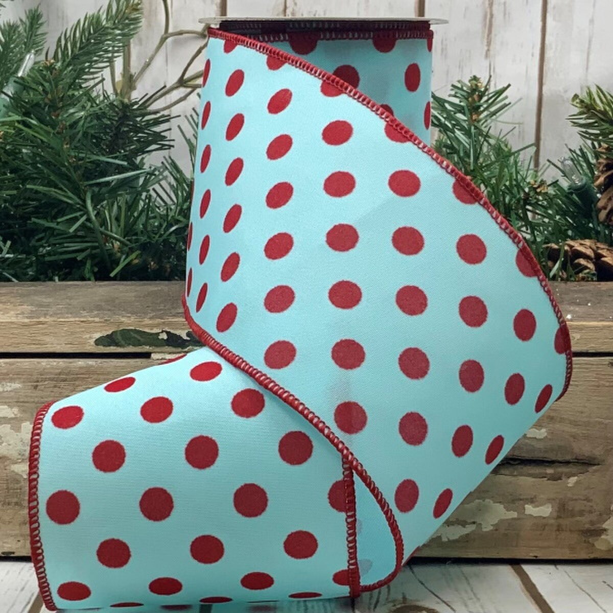 Aqua Ribbon Satin Red Flocked Polka Dots 4" x 10 Yds