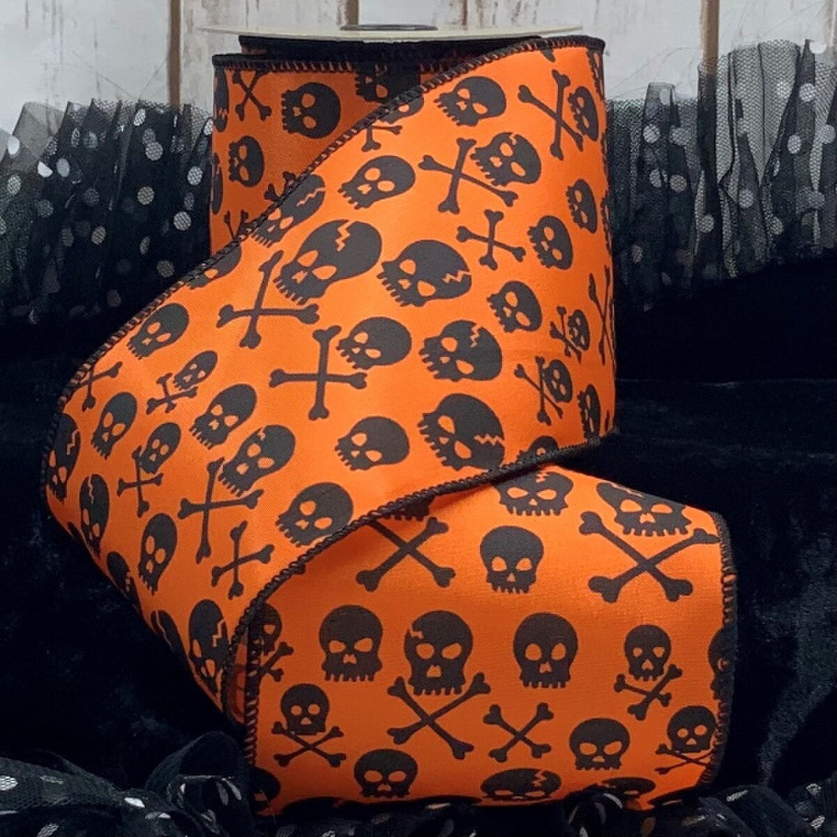 Skull Bones Satin Black Ribbon with Orange 4" x 10 Yds