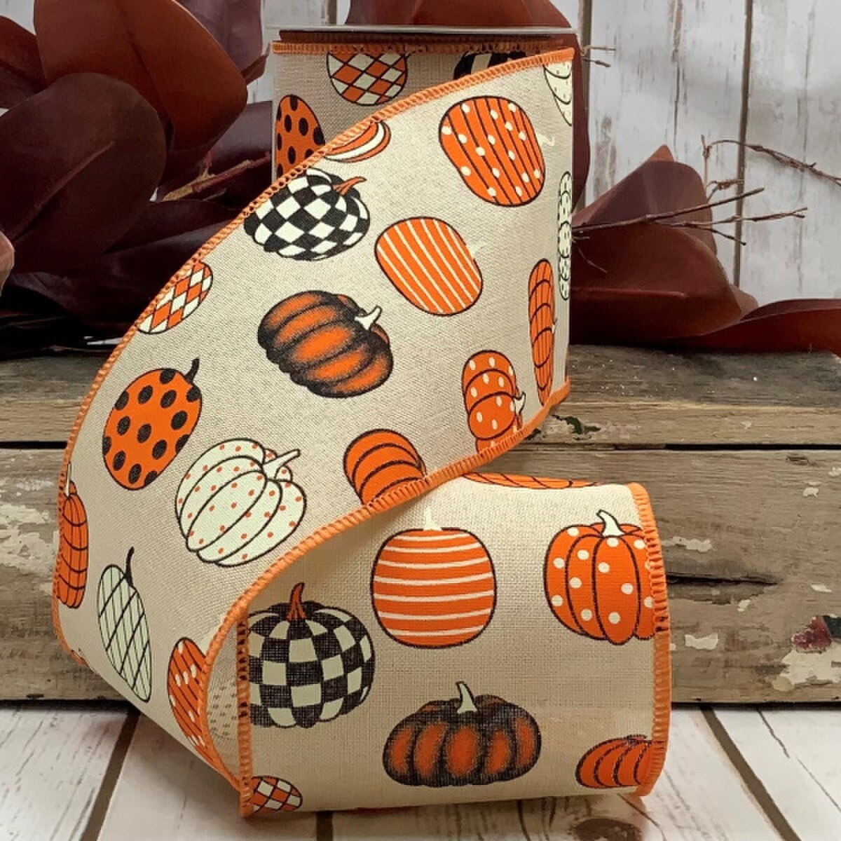 Linen Ribbon Black White Orange Pumpkin 4 Inch x 10 Yds