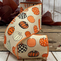 Linen Ribbon Black White Orange Pumpkin 4 Inch x 10 Yds