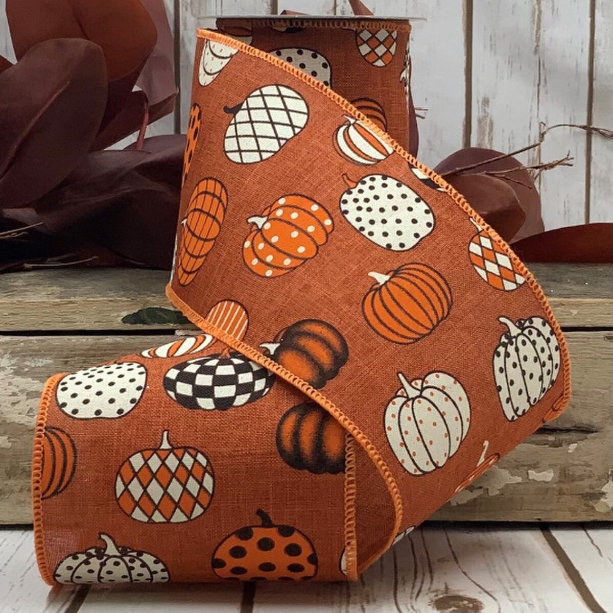 Linen Ribbon Black White Orange Pumpkin Rust 4 Inch x 10 Yds