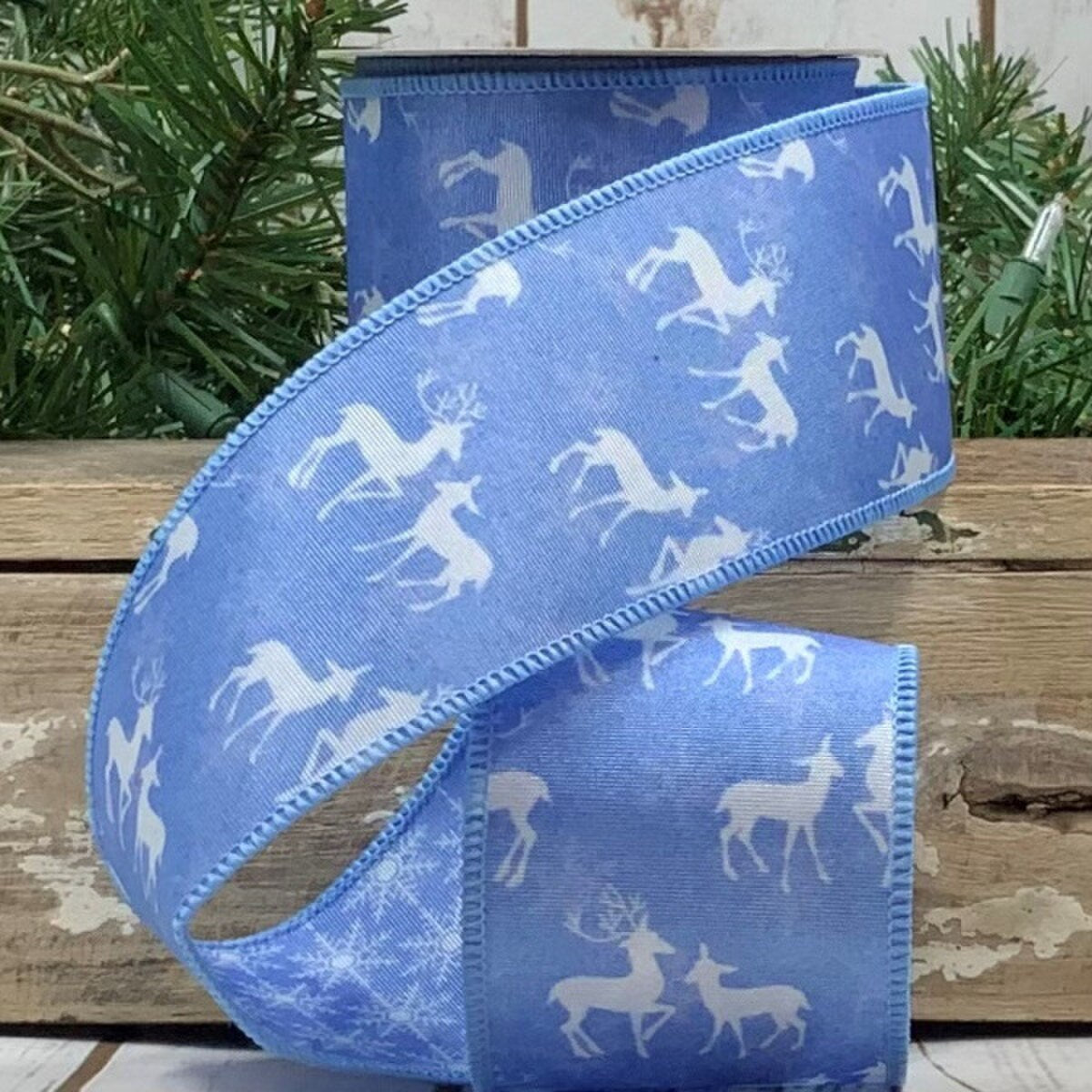 Blue Grosgrain Reversible Ribbon with Deer Snowflake Print