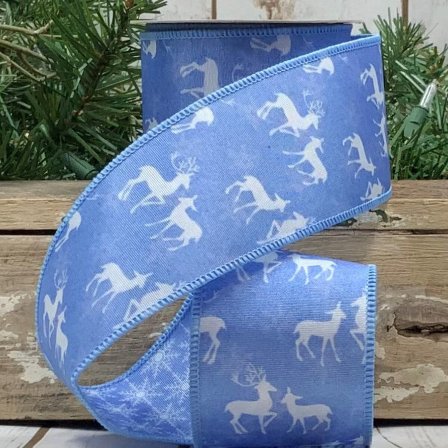 Blue Grosgrain Reversible Ribbon with Deer Snowflake Print