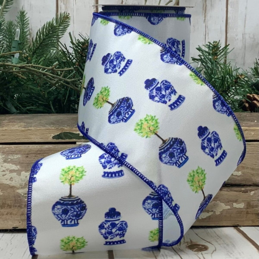 Grosgrain White Ribbon Printed Urns 4 x 10 Yards