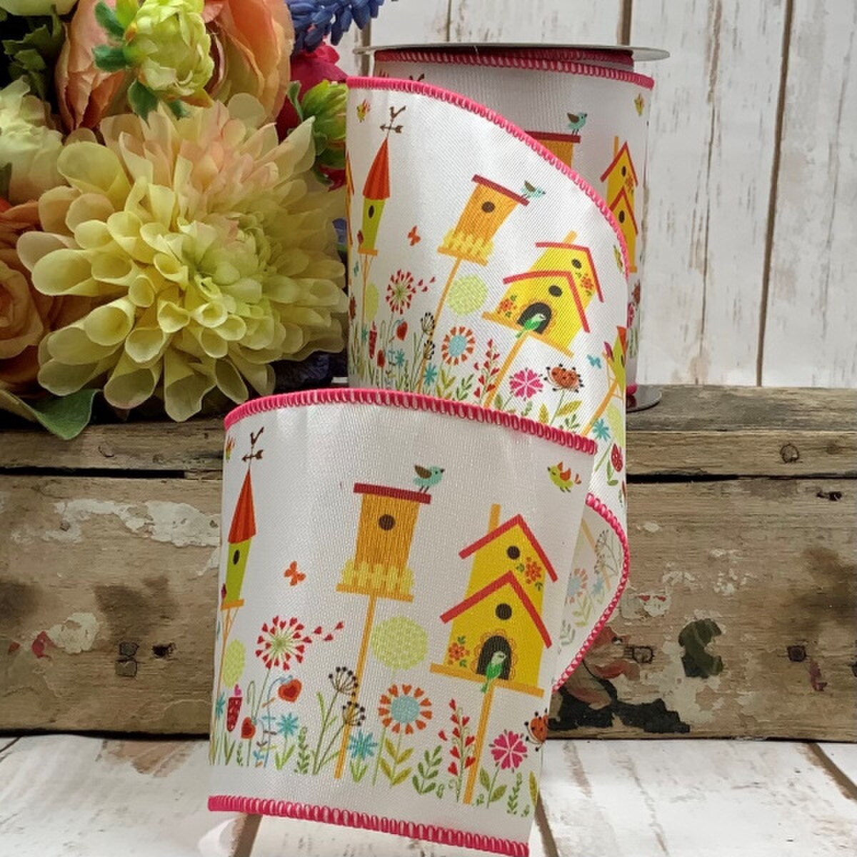 Grosgrain Ribbon Spring Flowers Birdhouse 4" x 10 Yds
