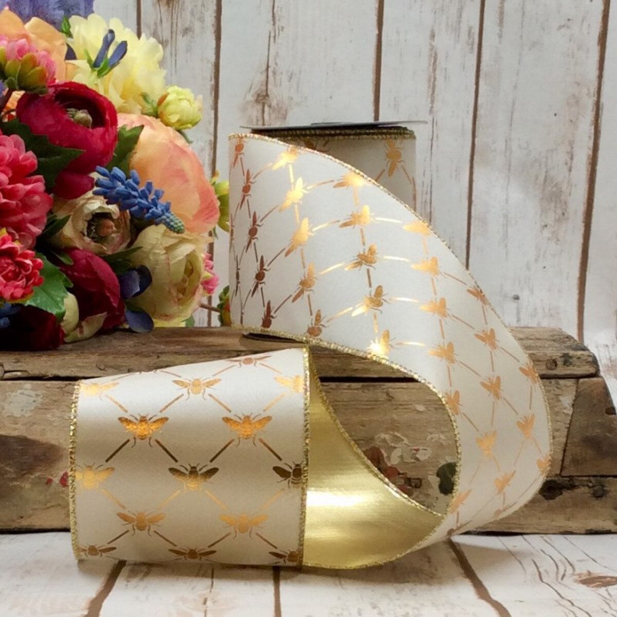 Gold Metallic Taffeta Bees Ribbon 4 Inch x 10 Yards