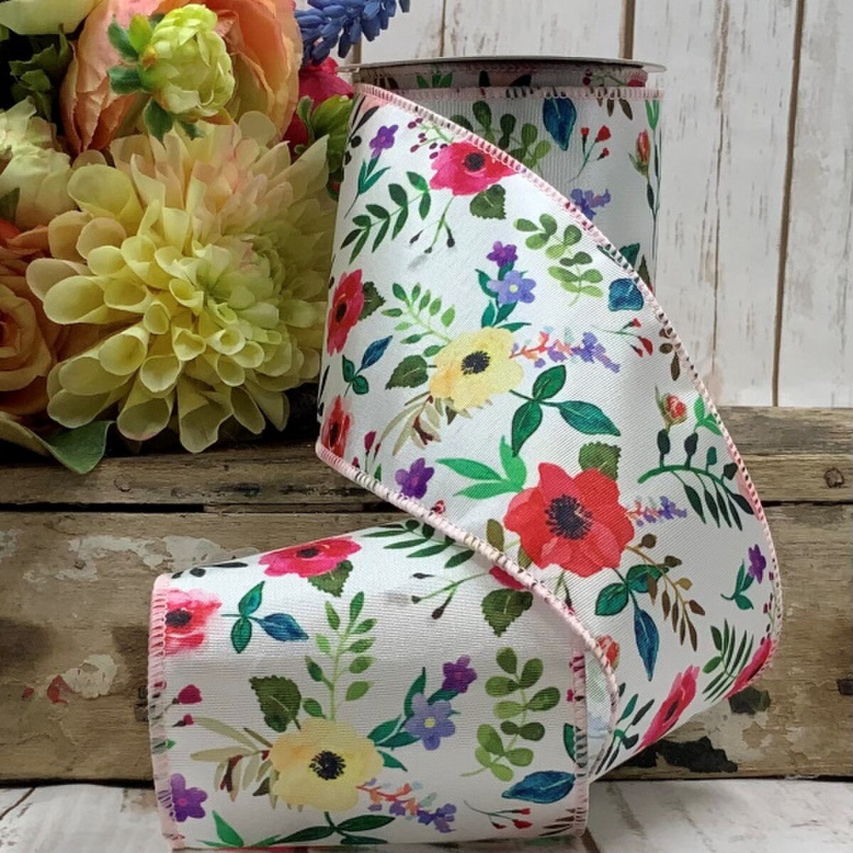 Grosgrain Ribbon White 4 Inch Colorful Poppy Laurel 10 Yds