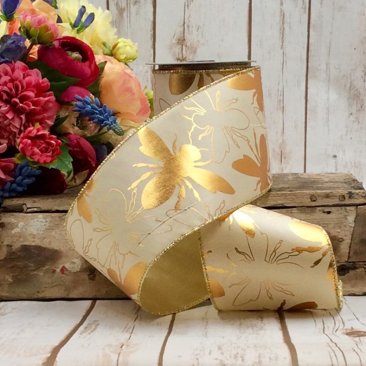 Ivory Ribbon Taffeta Metallic Gold Bees 4 Inch x 10 Yds