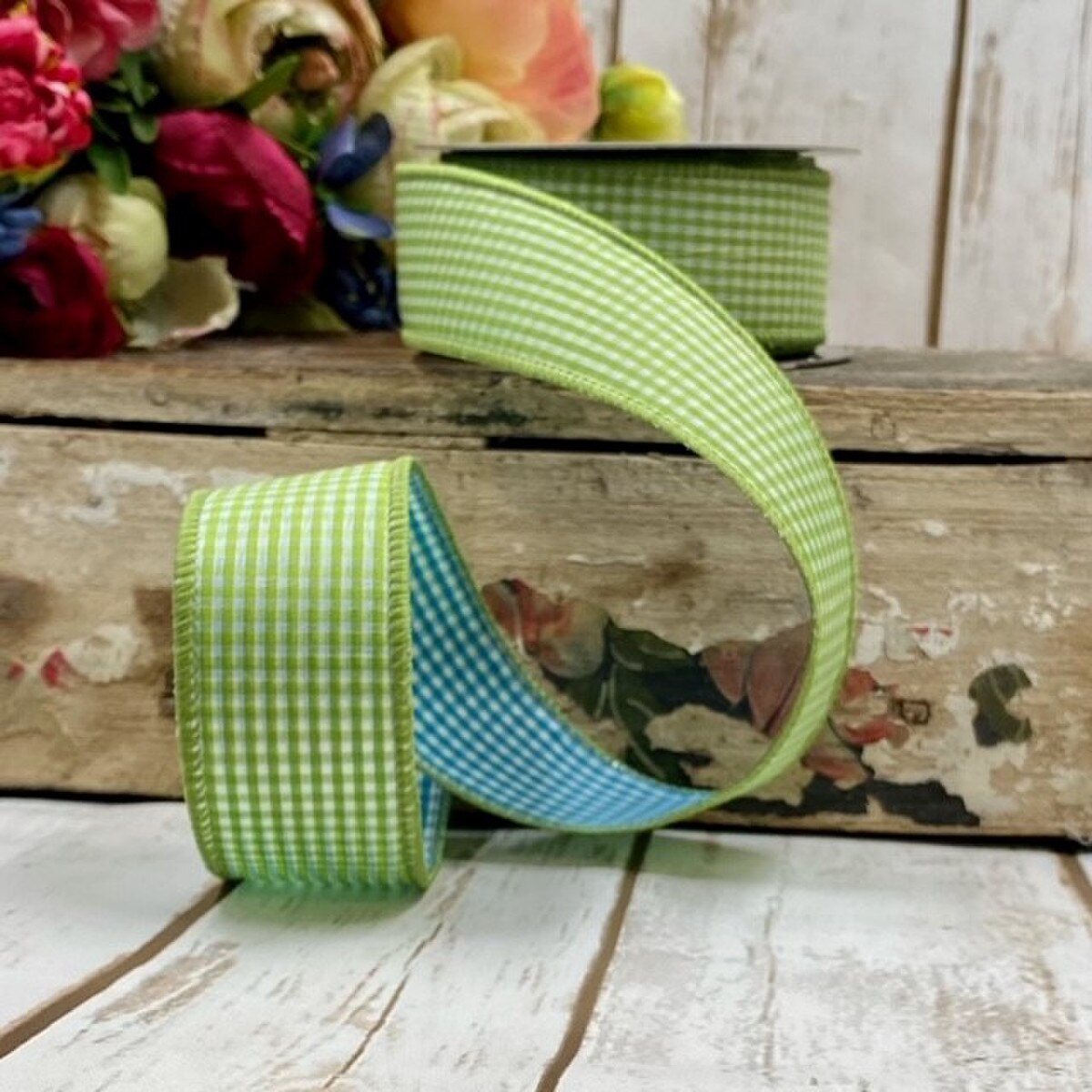 Gingham Poplin Ribbon Lime Green 1.5" x 10 Yds