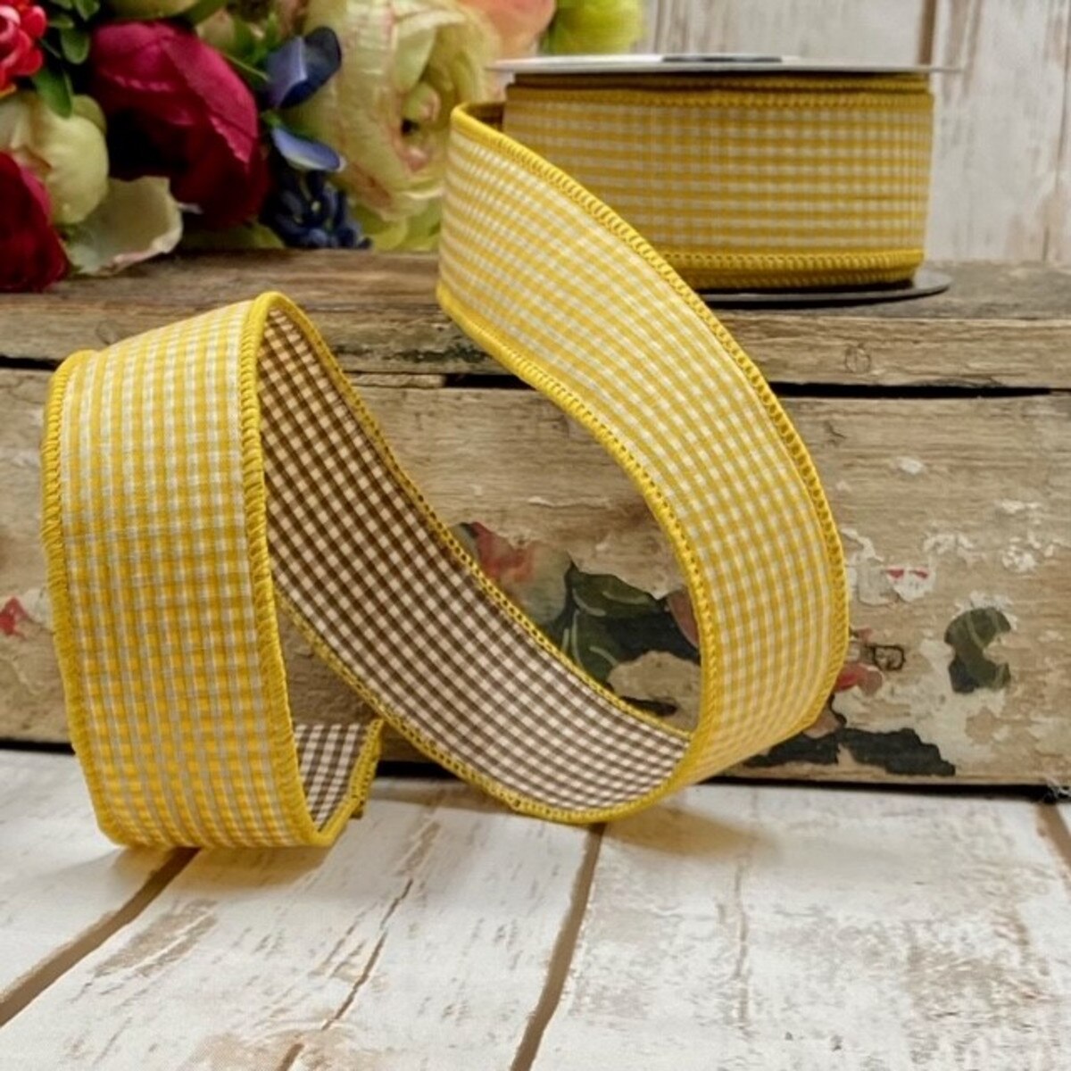 Gingham Ribbon Golden Yellow Brown 1.5 Inch x 10 Yards