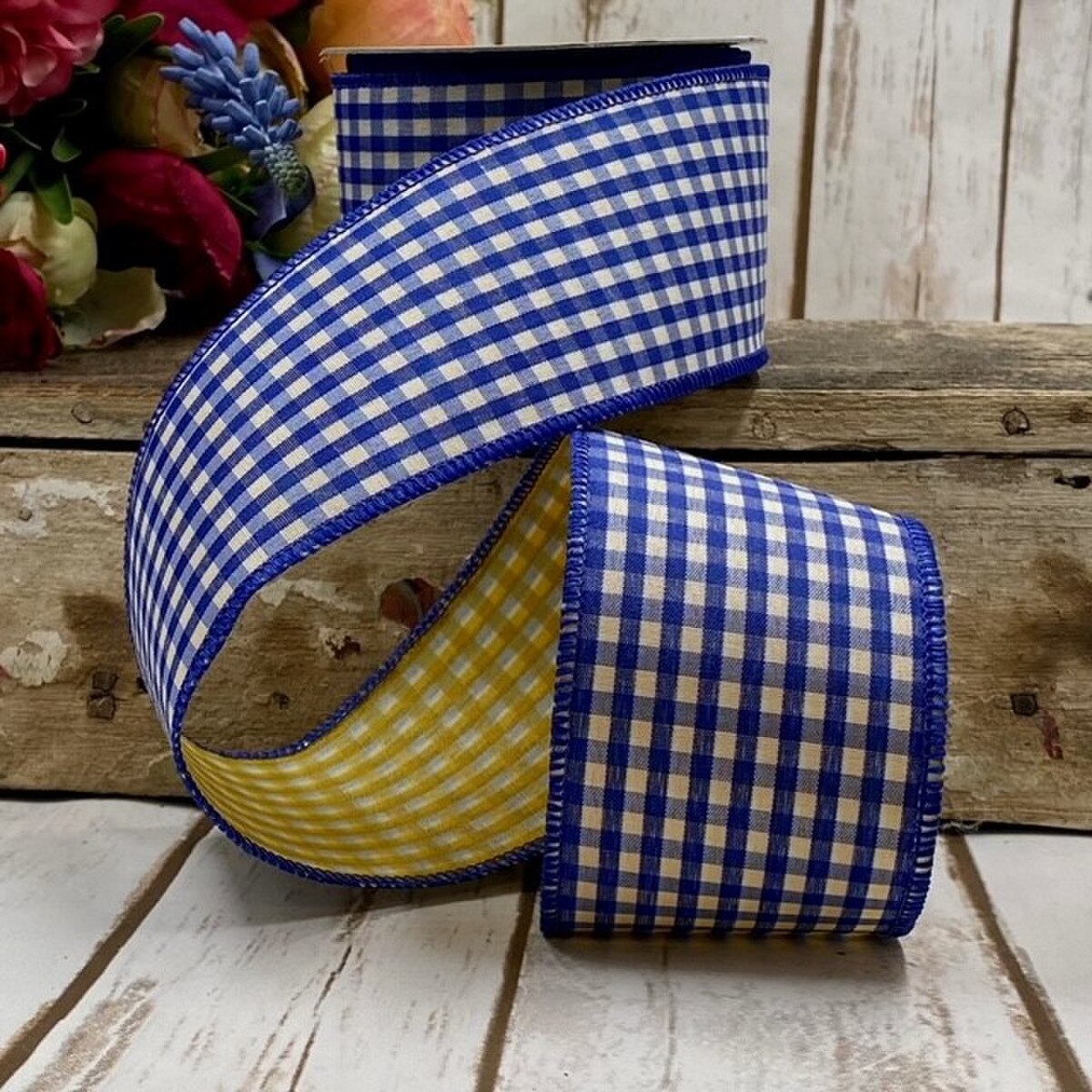 Royal Blue Golden Yellow Poplin Gingham Ribbon 2.5" x 10 Yds