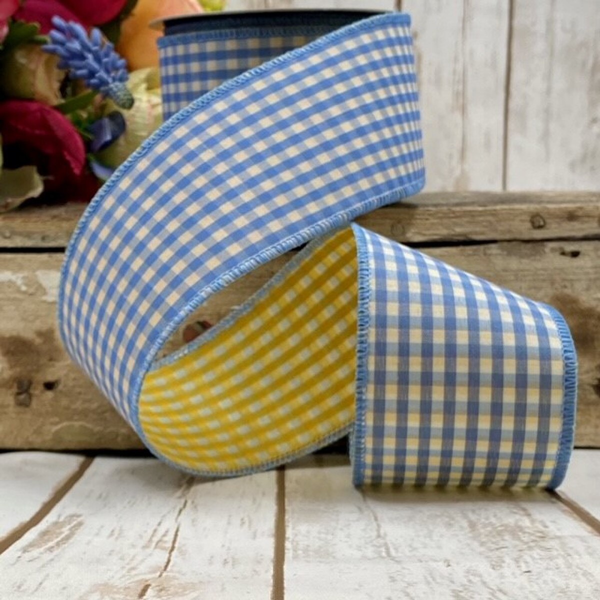 Gingham Ribbon Light Blue and Golden Yellow 2.5" x 10 Yds