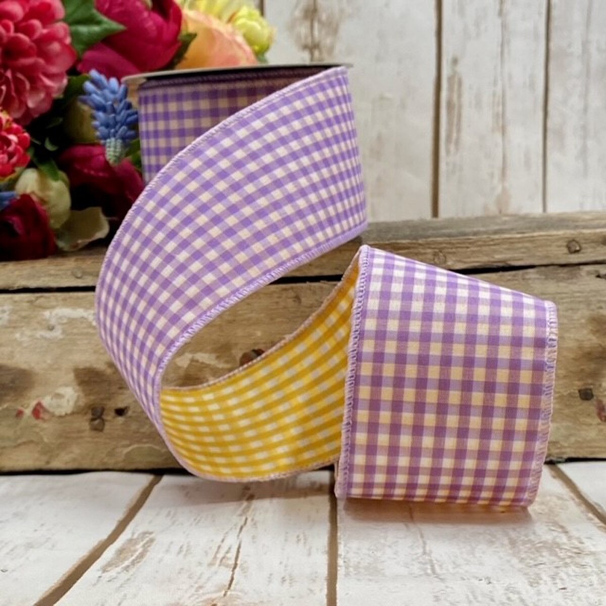 Gingham Ribbon Lavender Golden Yellow 2.5" x 10 Yds