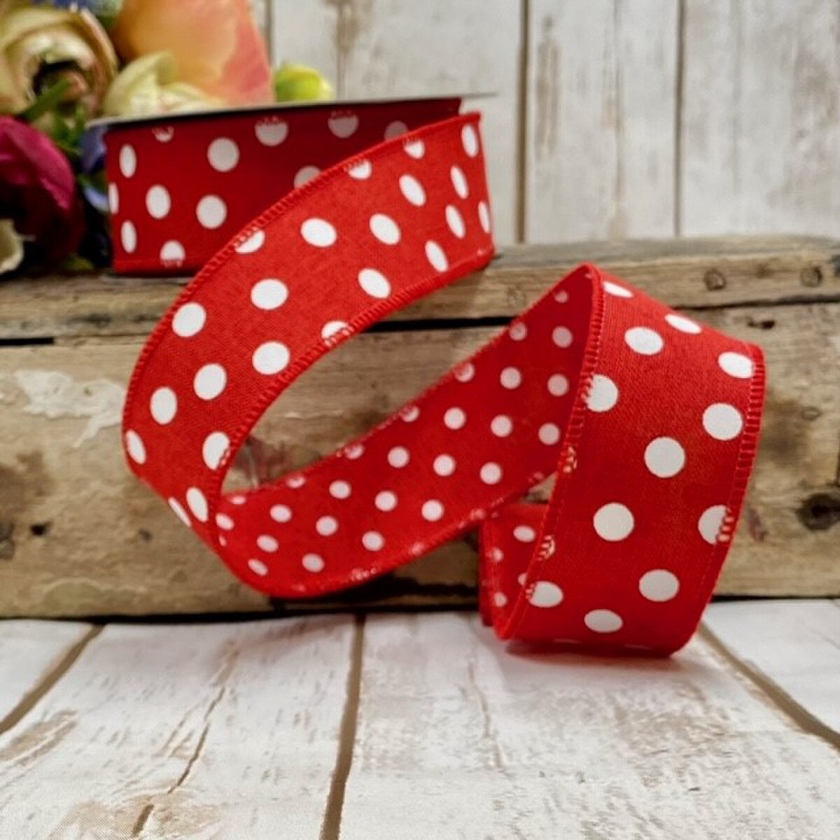Faux Linen Ribbon with Large and Small White Dots